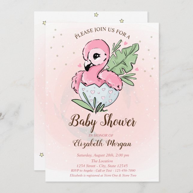 Cute Baby Pink Flamingo Stars Baby Shower  Invitation (Front/Back)