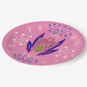 Cute Baby Pink Lovely Flora Text Pattern Design Paper Plate