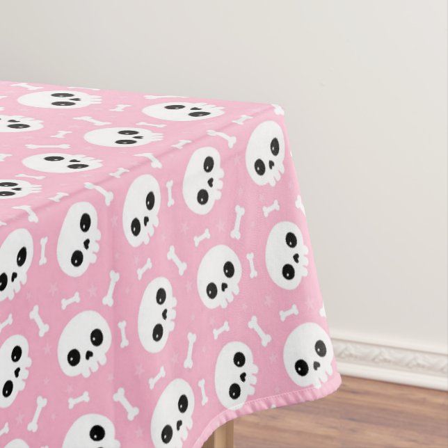 Cute Baby Pink Skull & Bones Halloween Pattern Tablecloth (In Situ)