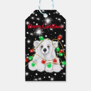 Cute baby polar bear christmas lights starry night gift tags