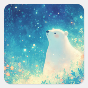 Cute Baby Polar Bear in Magical Night Garden Square Sticker