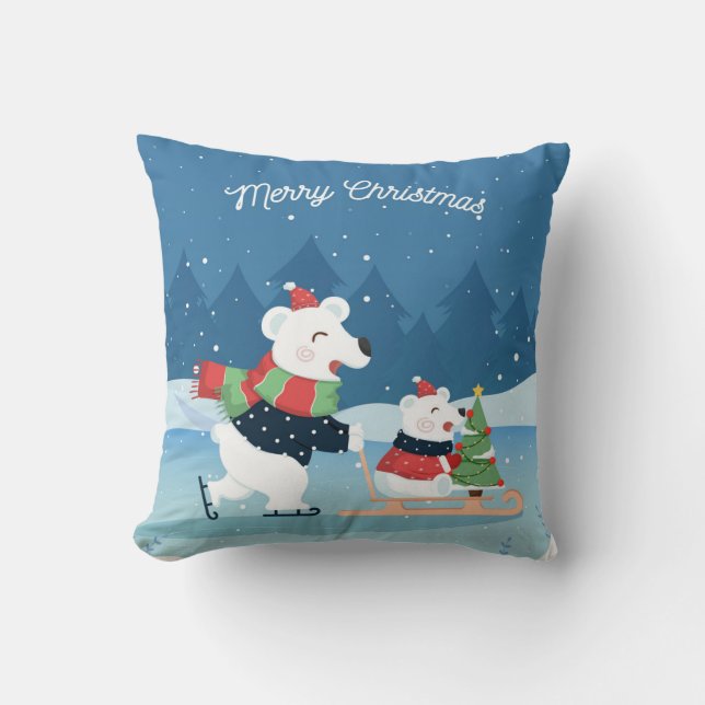 Cute Baby Polar Bear on Sledge with Christmas Tree Cushion (Front)