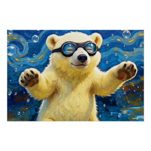 Cute Baby Polar Bear Surrounded By Bubbles Poster