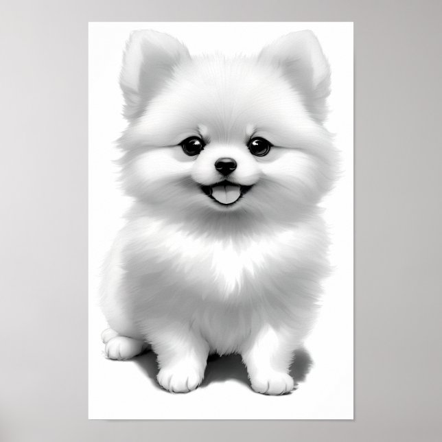 Cute Baby Pomeranian Puppy Dog Drawing Poster (Front)