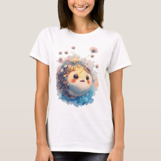 Cute Baby Puffer Fish Watercolor Floral Garden T-Shirt