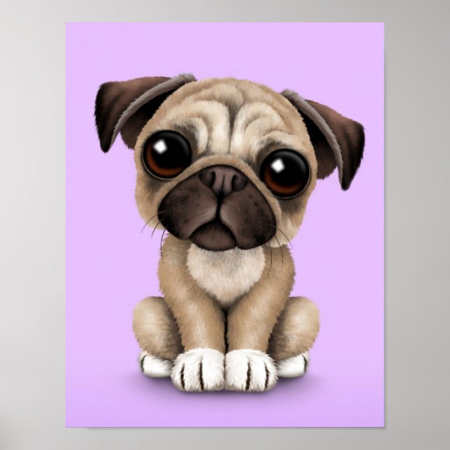 Cute Baby Pug Puppy Dog on Purple Poster (Front)