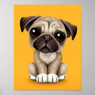 Cute Baby Pug Puppy Dog on Yellow Poster