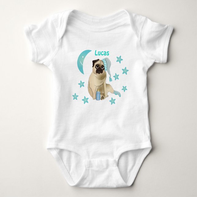 Cute Baby Pug Watercolor Soft Blue Stars Baby Bodysuit (Front)
