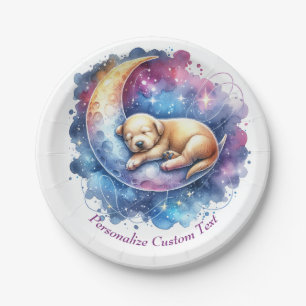 Cute Baby Puppy Sleeping on the Moon Paper Plate
