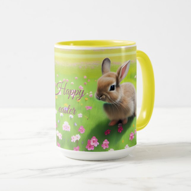 Cute baby rabbit in a flower meadow  mug (Front Right)