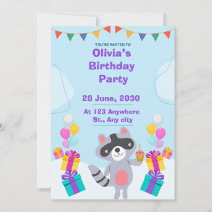 Cute Baby Raccoon Birthday Party Invitation   Wood