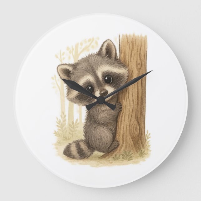 Cute Baby Raccoon Peek-a-Boo Forest Large Clock (Front)