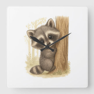 Cute Baby Raccoon Peek-a-Boo Forest Square Wall Clock