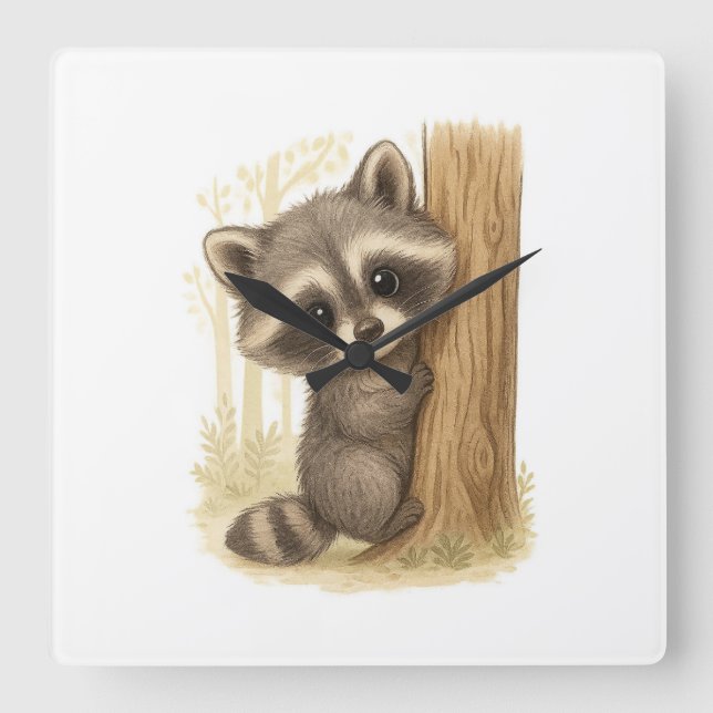 Cute Baby Raccoon Peek-a-Boo Forest Square Wall Clock (Front)