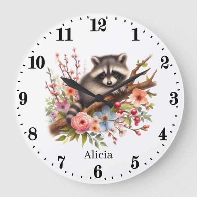 Cute baby racoon add name girls nursery large clock (Front)