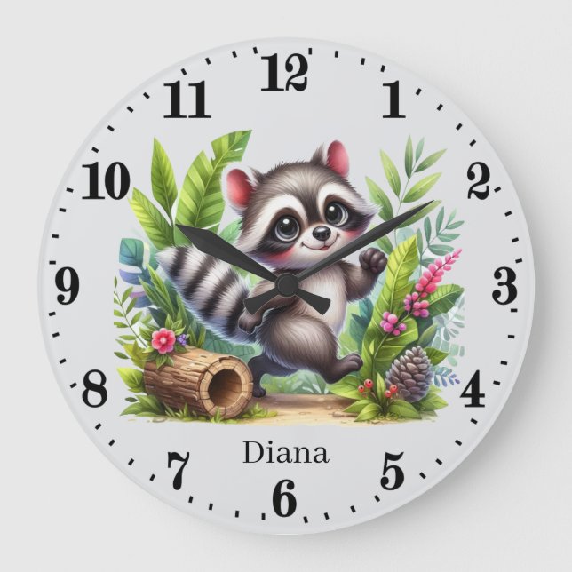 Cute baby racoon add name girls nursery large clock (Front)