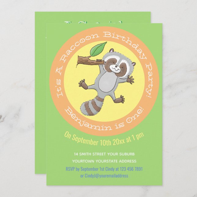 Cute baby racoon cartoon illustration 1 year invitation (Front/Back)