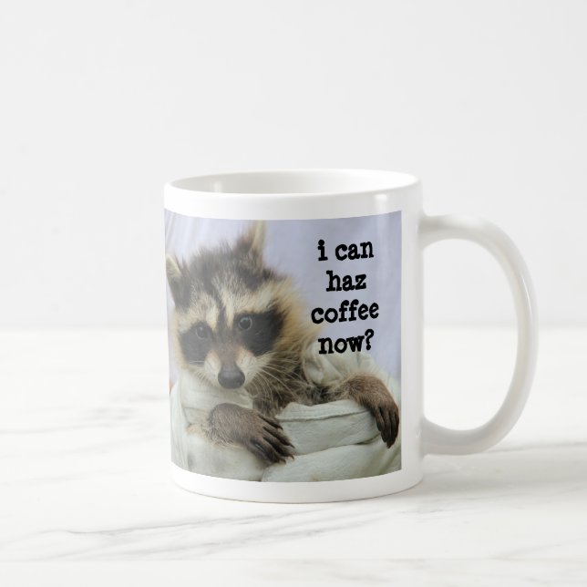 Cute Baby Racoon Mug, I can haz coffee now? Mug (Right)