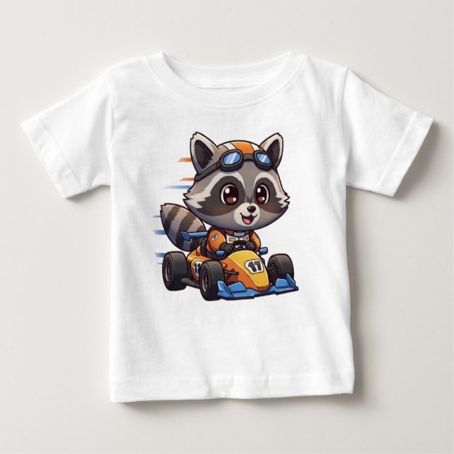 Cute Baby Racoon Race Car Driver Baby T-Shirt (Front)