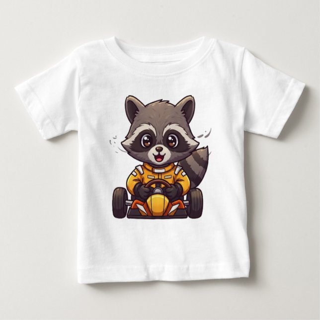 Cute Baby Racoon Race Car Driver Baby T-Shirt (Front)