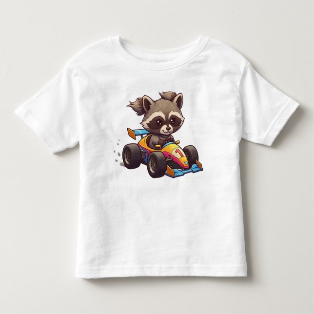 Cute Baby Racoon Race Car Driver Toddler T-Shirt (Front)