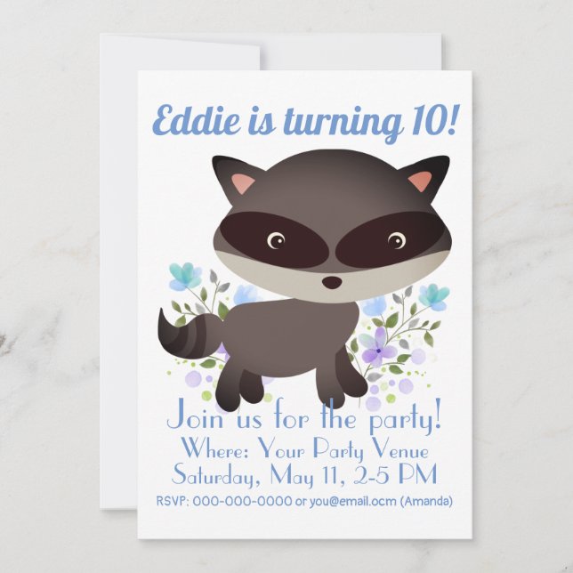 Cute Baby Racoon with Flowers  Birthday Invitation (Front)
