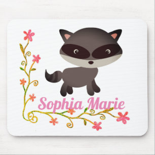 Cute Baby Racoon with Flowers Mouse Pad