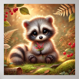 Cute Baby Racoon with Red Berries – Woodland Fore Poster