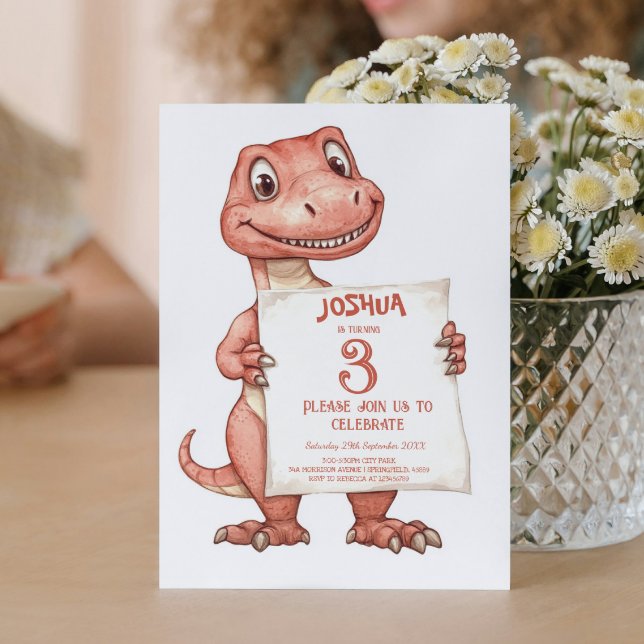 Cute Baby Red Dinosaur Kids Birthday Party Invitation (Creator Uploaded)