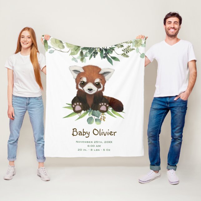 Cute Baby Red Panda Bear Eucalyptus Personalised Fleece Blanket (In Situ)