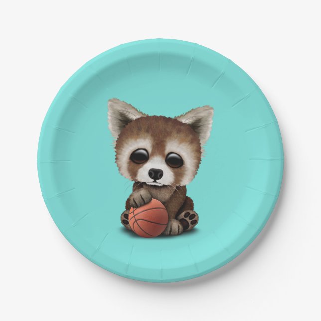 Cute Baby Red Panda Playing With Basketball Paper Plate (Front)