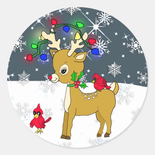 Cute Baby Reindeer with Cardinals and Snow flakes Classic Round Sticker (Front)