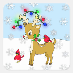 Cute Baby Reindeer with Cardinals and Snow flakes Square Sticker