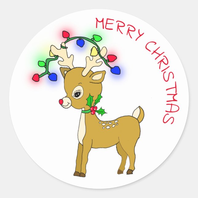 Cute Baby Reindeer with Christmas Lights Classic Round Sticker (Front)
