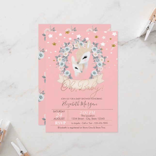 Cute Baby Reindeers Flowers Stars Baby Shower Invitation (Front/Back In Situ)