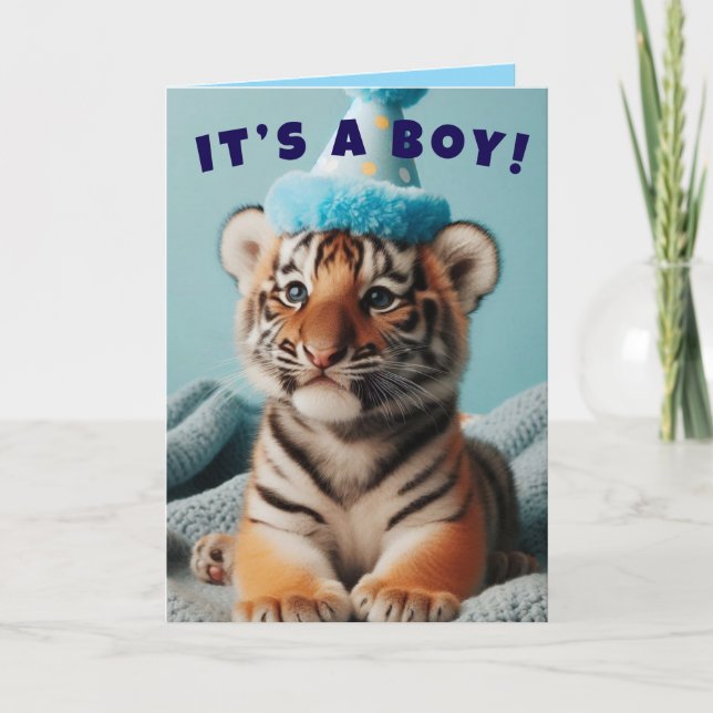 Cute Baby Reveal Boy Blue Baby Tiger Note Card (Front)