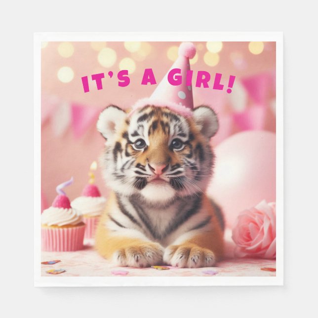 Cute Baby Reveal Girl Pink Baby Tiger Napkin (Front)