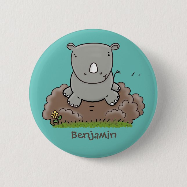 Cute baby rhino cartoon illustration 6 cm round badge (Front)