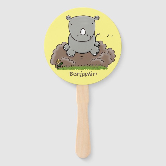 Cute baby rhino cartoon illustration hand fan (Front)
