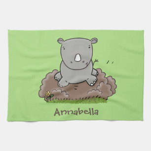 Cute baby rhino cartoon illustration tea towel