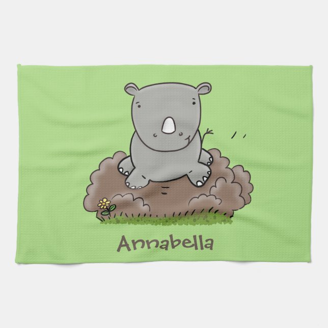 Cute baby rhino cartoon illustration tea towel (Horizontal)