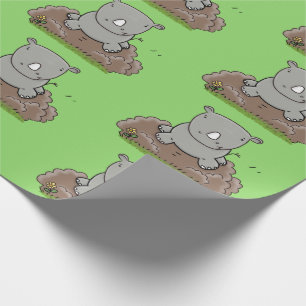 Cute baby rhino cartoon illustration wrapping paper