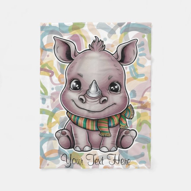 Cute Baby Rhino Cartoon Personalise Name Fleece Blanket (Front)