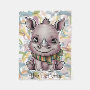 Cute Baby Rhino Cartoon Personalize Name Fleece Blanket