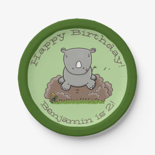 Cute baby rhino personalised cartoon birthday paper plate