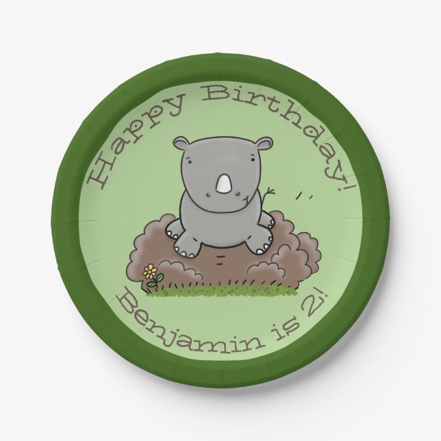 Cute baby rhino personalised cartoon birthday paper plate (Front)