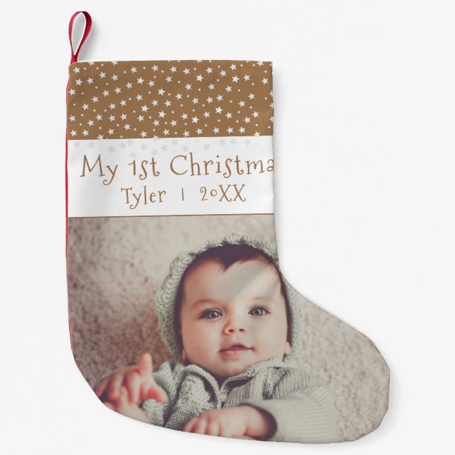 Cute Baby`s 1`st Christmas Stars Photo Small Christmas Stocking (Front)