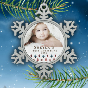 Cute Baby`s First Christmas Forest Pastel Photo Snowflake Pewter Christmas Ornament