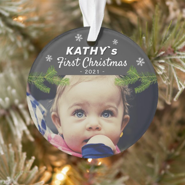 Cute Baby`s First Christmas Snowflake Pine Photo O Ornament (Tree)