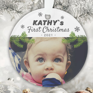 Cute Baby`s First Christmas Snowflake Pine Photo Ornament